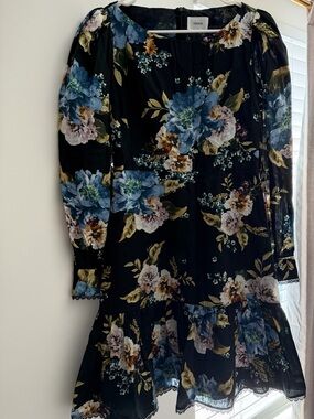 Erdem. Black Floral Long-Sleeve Ruffled Dress